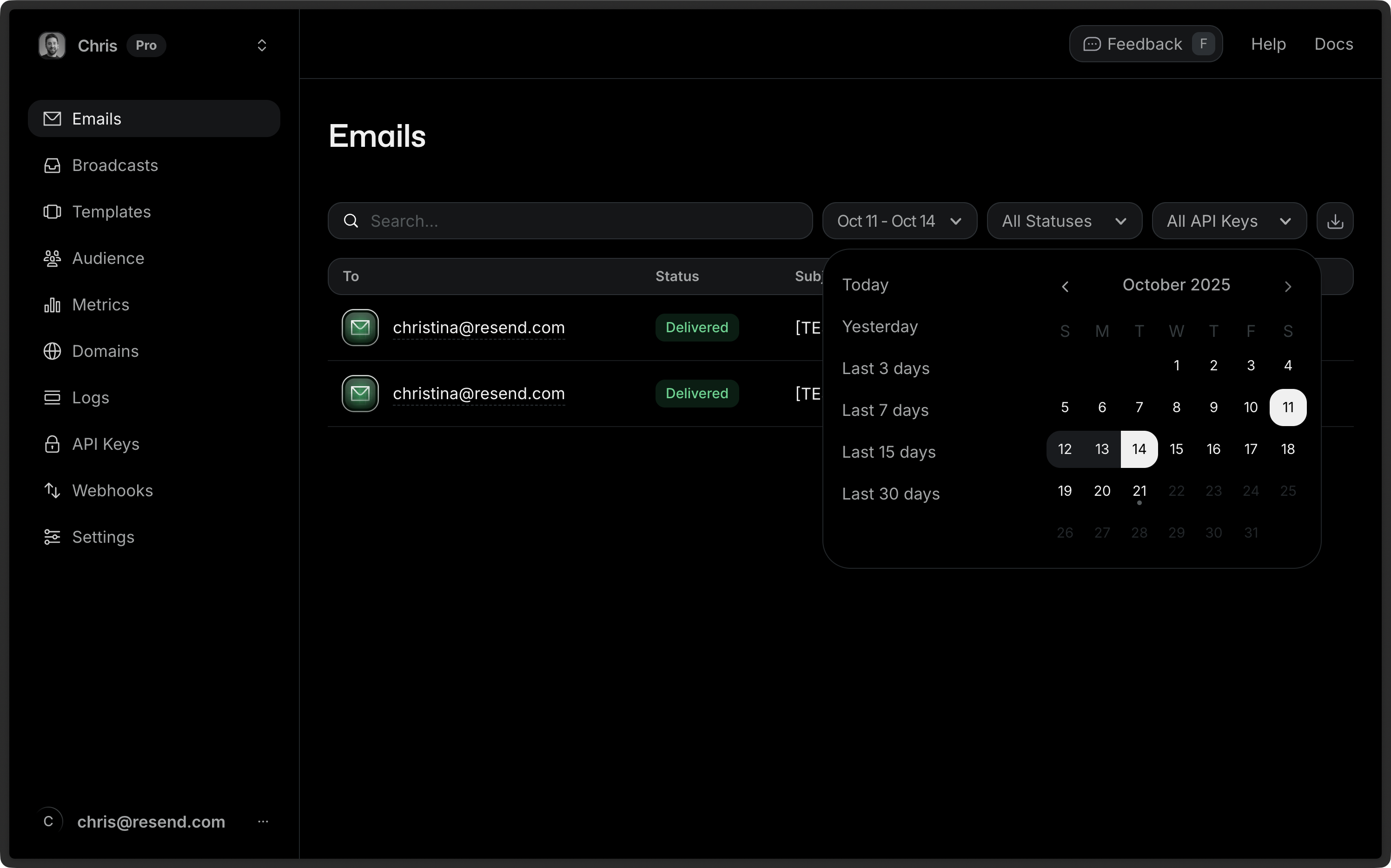Emails page